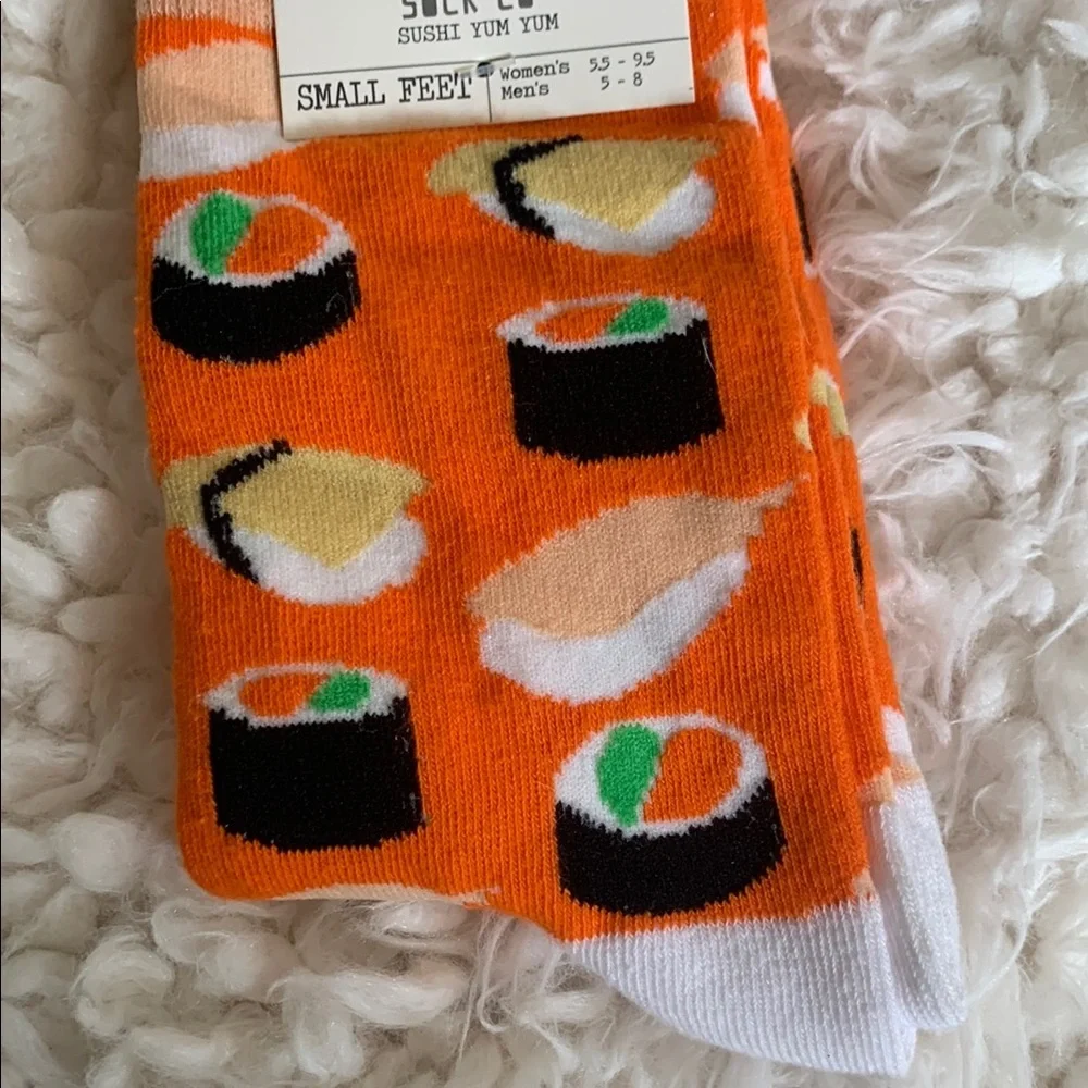 Two Left Feet New Unisex Sushi 🍣 Yum Yum Print Vibrant Orange Crew Socks
